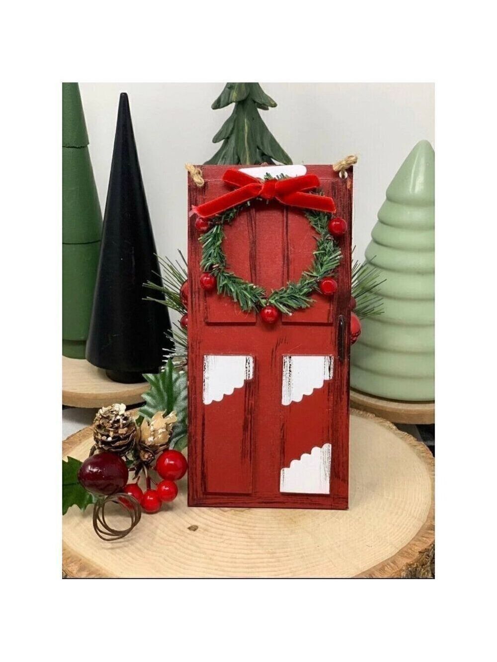 Farmhouse Christmas Door Sign 6in Red Tiered Tray Ornament Holiday Rustic Decor